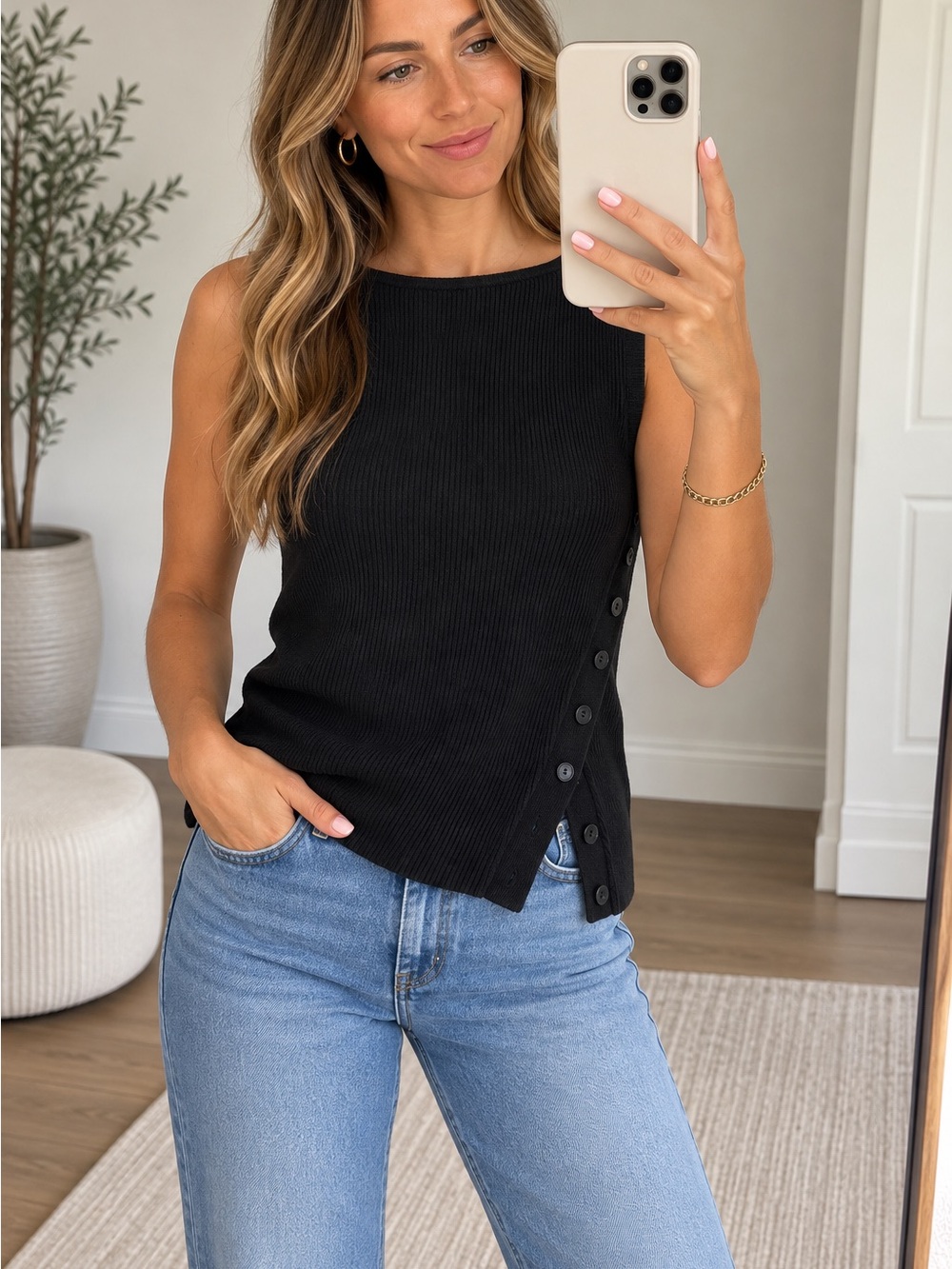 Abercrombie & Fitch Asymmetrical Button Sweater Tank – Black, Size Small